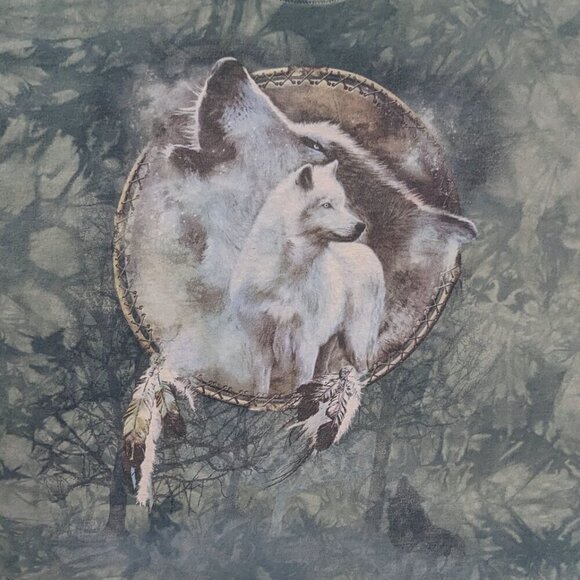 VTG Green Acid Wash Tie Dye Wolf Dream Catcher Graphic Tee Shirt - Picture 2 of 5